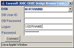 Easysoft JDBC-ODBC Bridge Browse Connect dialog box.