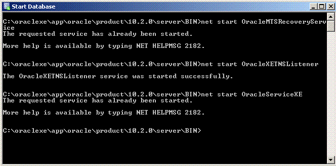 Output showing that Oracle XE has already been started successfully